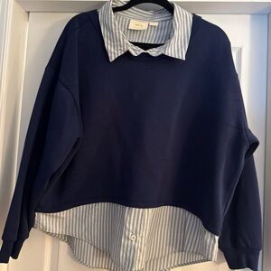 Maeve by Anthropology Women Navy Stripe Preppy Poplin Layered Sweater Size L